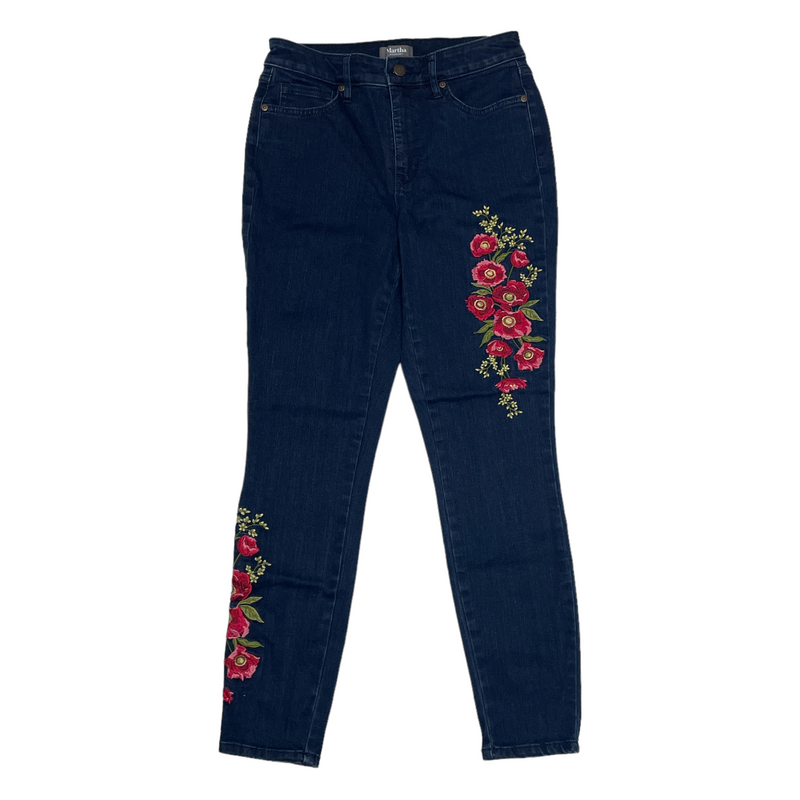Martha Stewart Red Floral Flowers Blue Denim Skinny Jeans