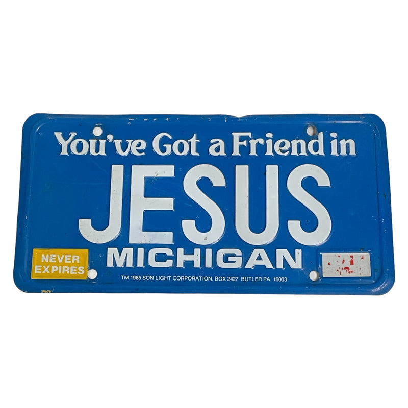 Son Light Corp. 1985 You've Got A Friend In Jesus Blue Michigan License Plate