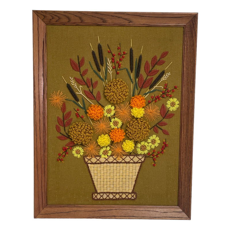 Crewel Embroidery Autumn Harvest Flowers In A Basket MCM Vintage Wall Fiber Art