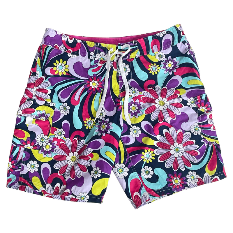 Kanu Surf Womens Groovy Hippie Floral Flowers Swim Trunks Swimsuit Board Shorts