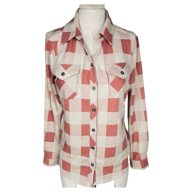 Denim & Co. Womens Checkered Plaid Rose Pink Long Sleeve Button Shirt