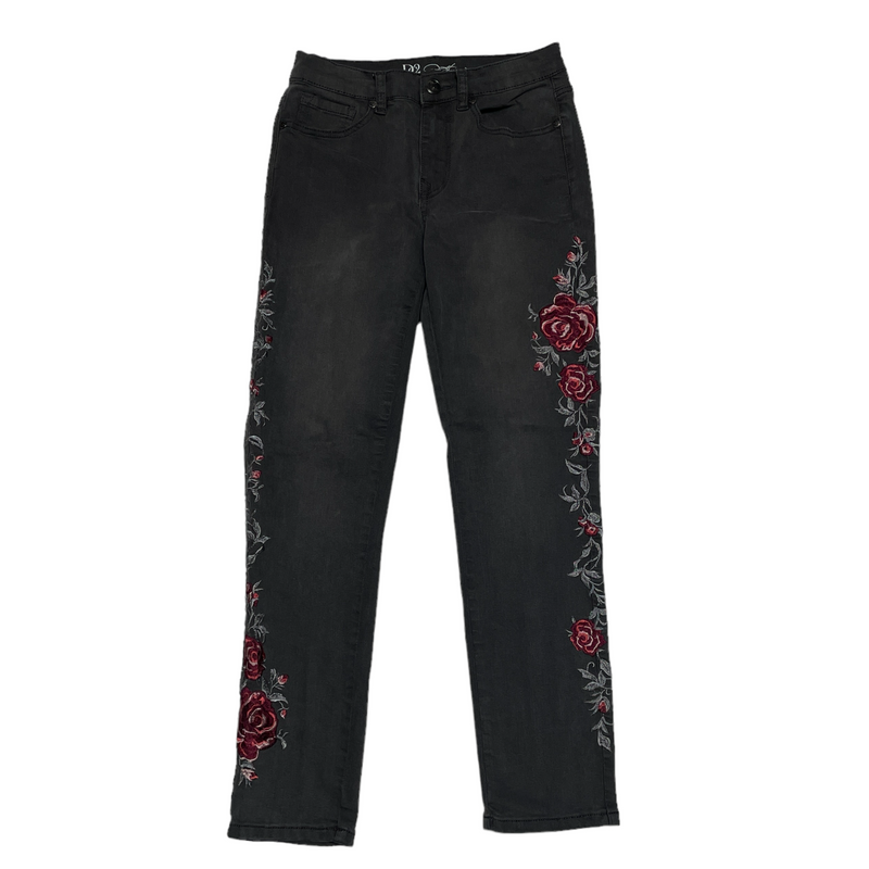 Diane Gilman 2 DG2 Womens Red Rose Floral Flowers Stretch Skinny Gray Denim Jeans