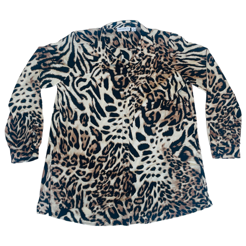 Susan Graver Womens Leopard Animal Print Lightweight Button Blouse Top Shirt