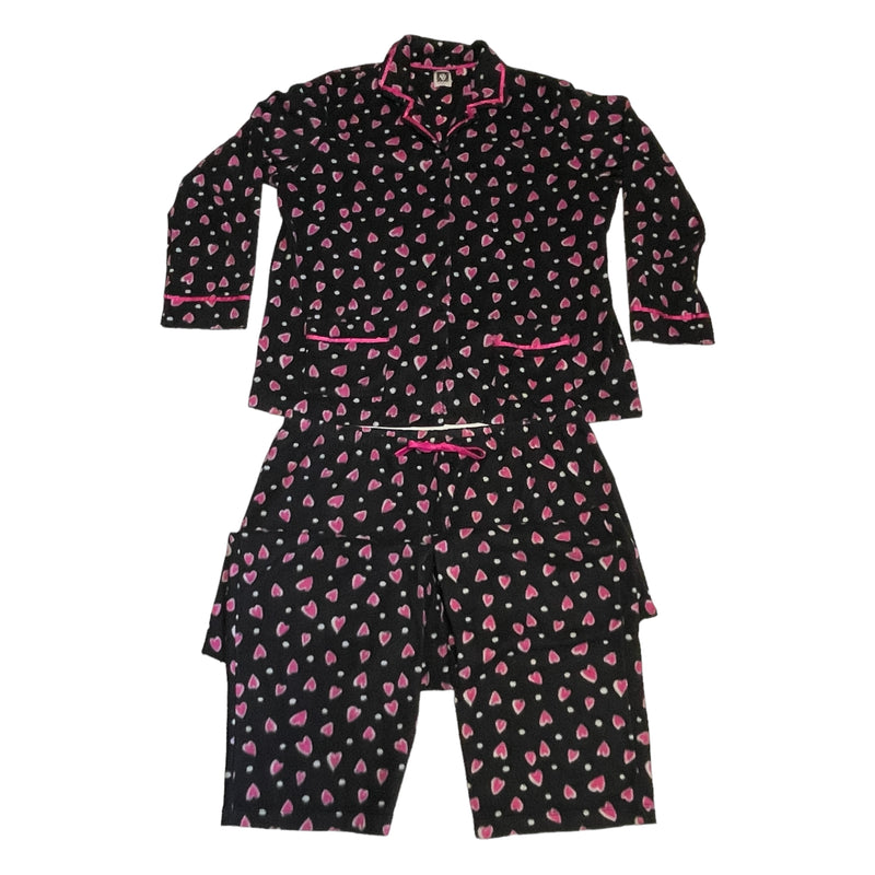 Anne Klein AK Pink Hearts Black Poly Fleece Pajama Top & Pants Bottom Set