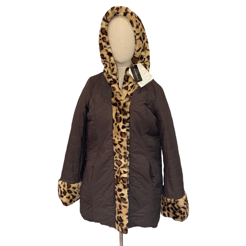 Dennis by Dennis Basso Womens Brown Leopard Print Faux Fur Reversible Coat