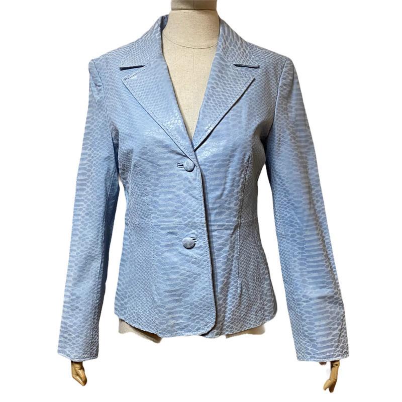 Pamela McCoy Womens Leather Blue Snakeskin Button Blazer Jacket