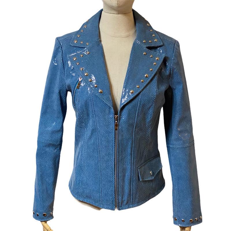 Pamela McCoy Womens Leather Blue Snakeskin Jeweled Zip Up Jacket
