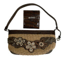 Brighton Woven Straw 3D Flowers Floral Brown Leather Purse Shoulder Bag w/ Wallet