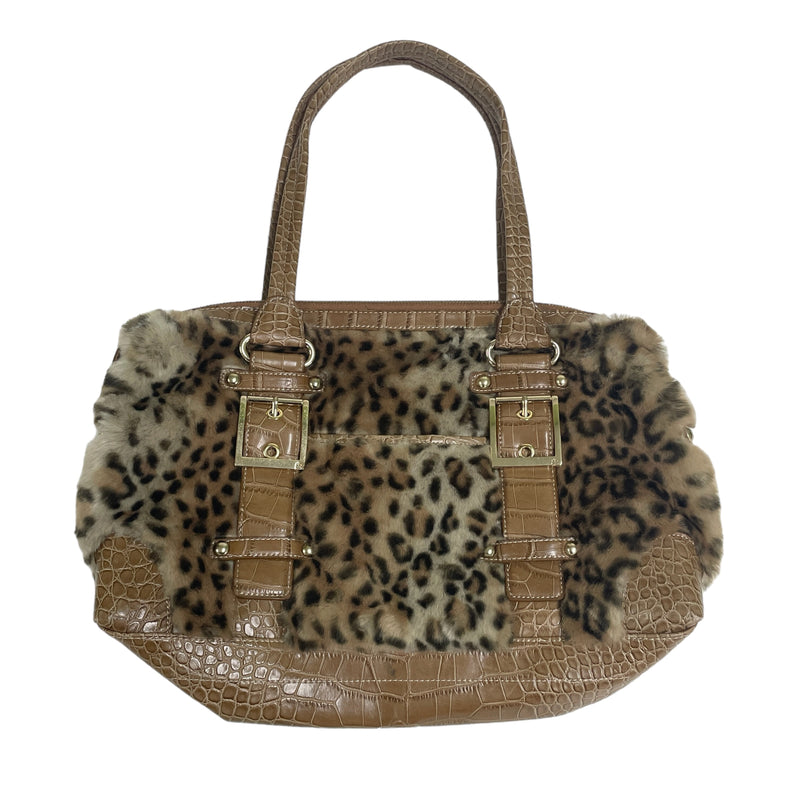 Kathy Van Zeeland Brown Tan Croc Print Leopard Faux Fur Shoulder Purse Handbag