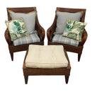 (2) Pier 1 Temani Brown Mahogany & Pine Frame Woven Rattan Wicker Chairs w/ Ottoman