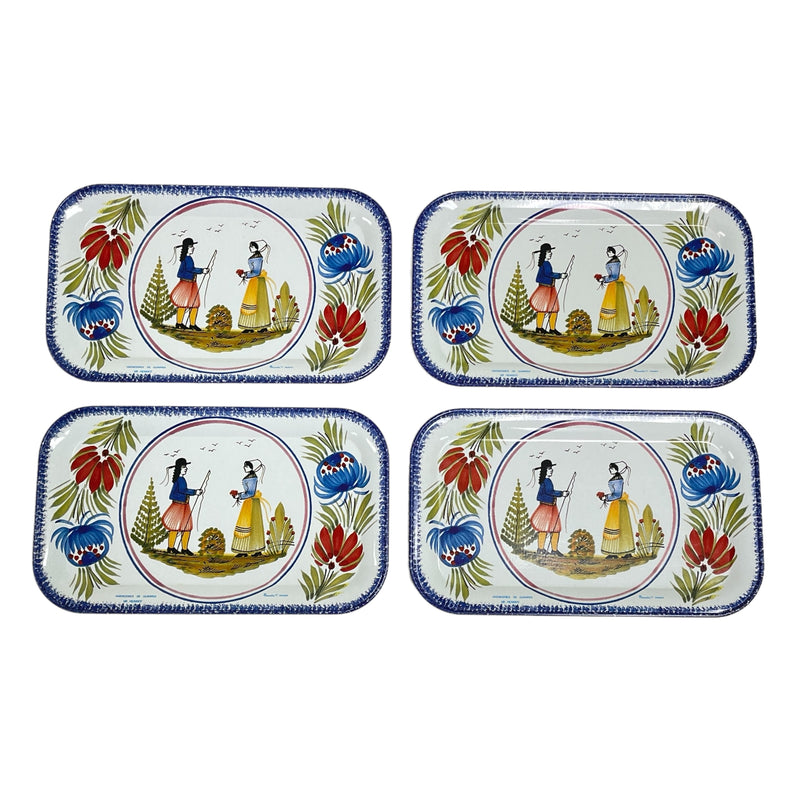 (4) HB Henriot Quimper Massilly France Metal Tin 7" Snack Trays