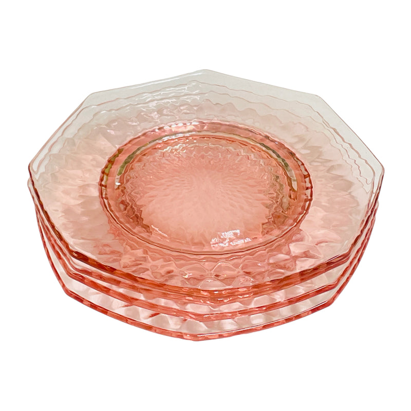(4) Jeanette Diamond Design Pink Depression Glass Octagon 8 Sided 6" Plates