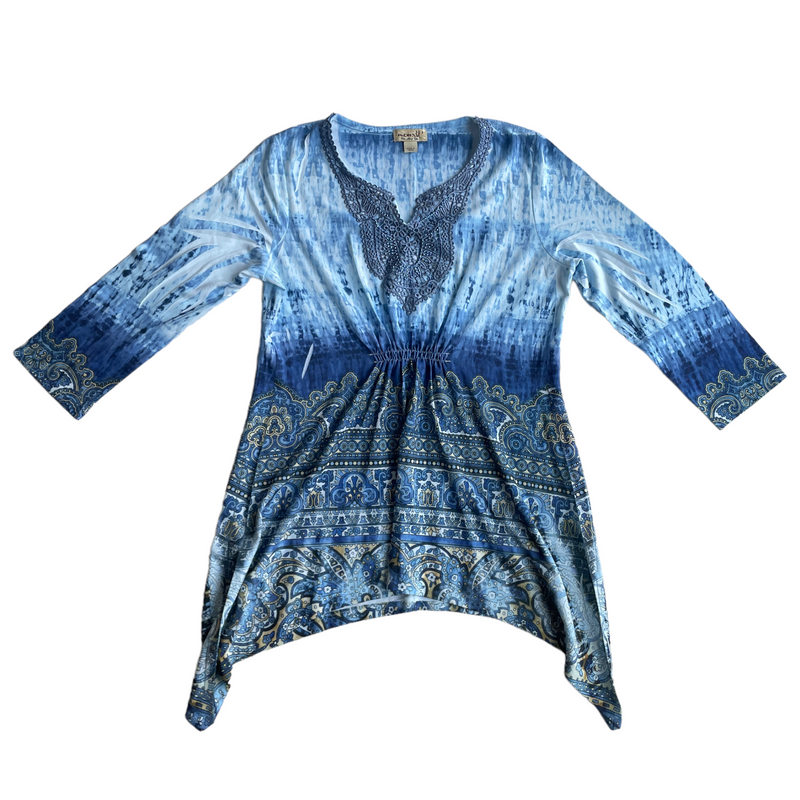 One World Womens Rhinestone Lace V-Neck Blue Bohemian Boho Blouse Shirt