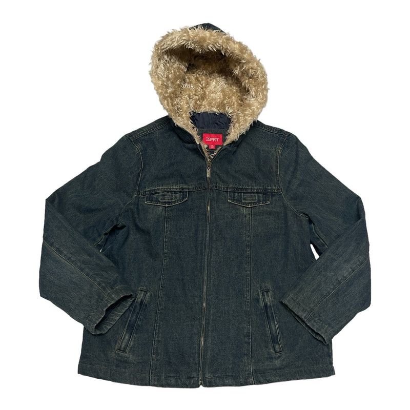 Esprit Womens Fur Hood 4 Pocket Zip Up Denim Jean Jacket