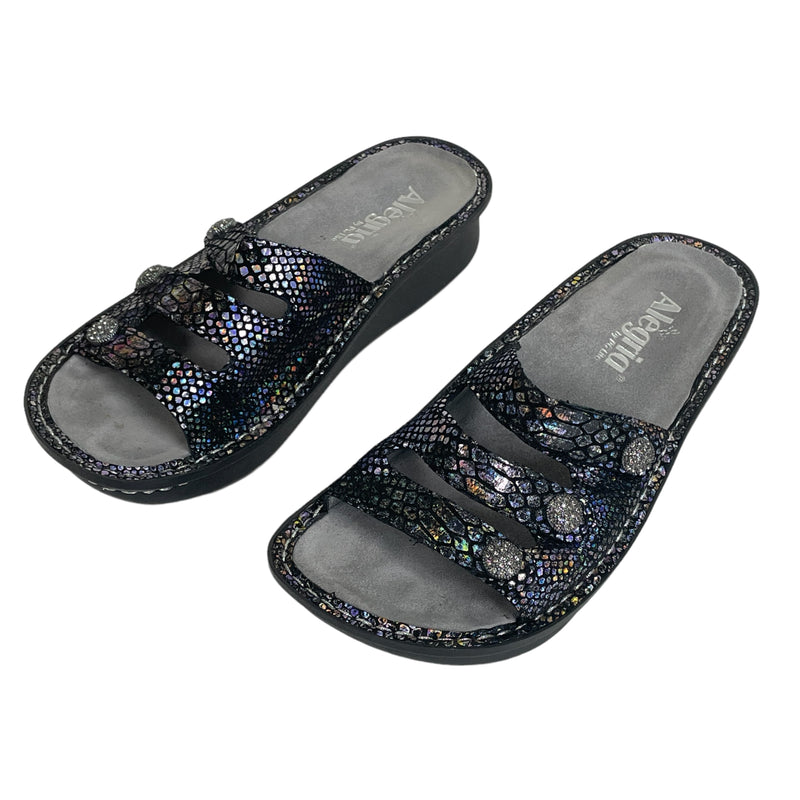 Alegria By PG Lite Slide On Iridescent Snake Print Leather Comfort Sandals