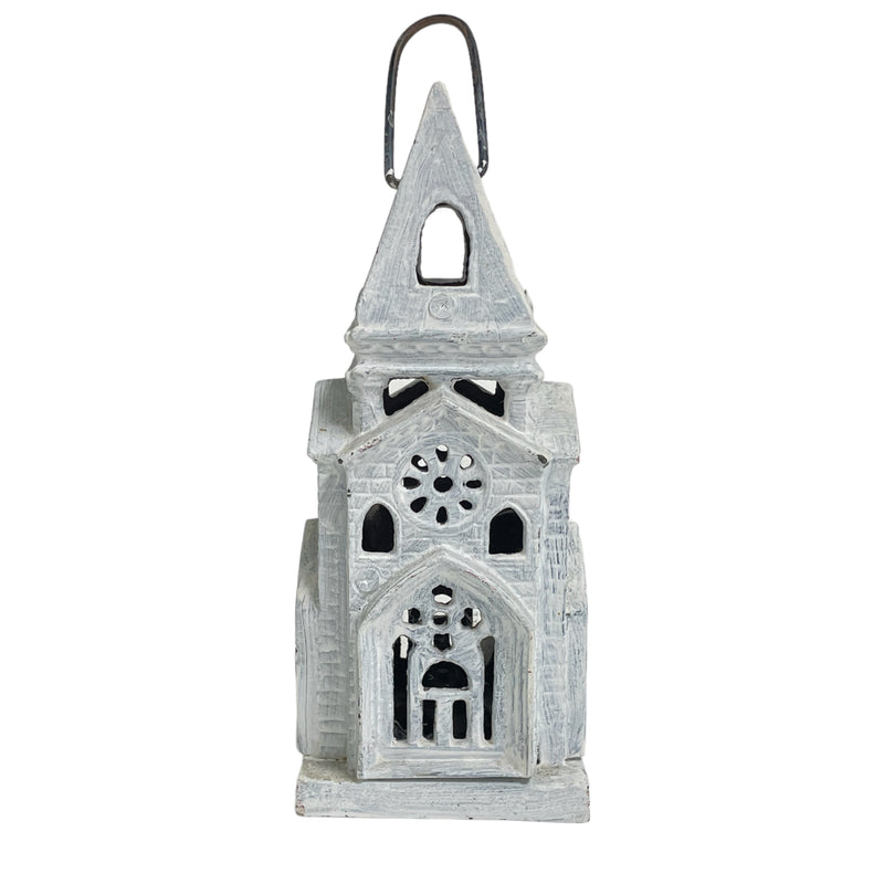 Cast Iron Cathedral Church Tower Painted White Candle Holder 10" Hanging Lantern