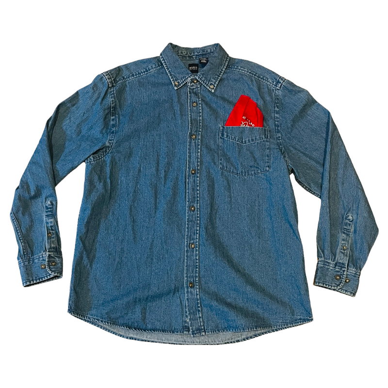 Basic Editions Mens Denim Jean Handkerchief Pocket Button Long Sleeve Jacket Shirt