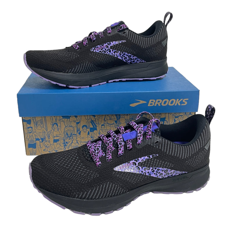 Brooks Revel 5 Energize Womens Black Purple Leopard Print Running Athletic Shoes