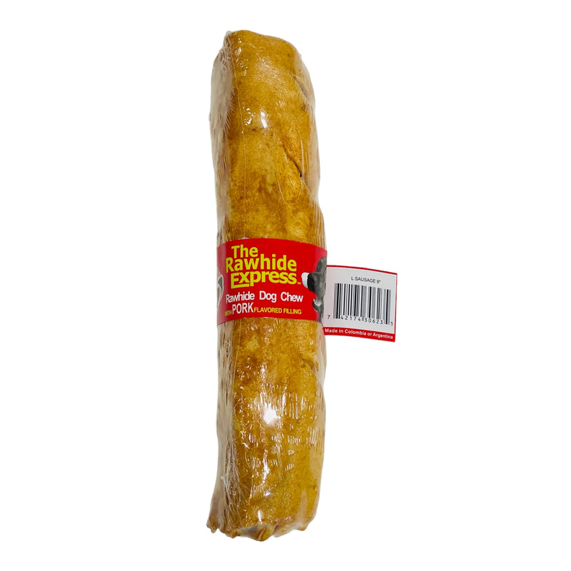 The Rawhide Express Dog Chew Treat Pork Sausage Flavored Filled 9" Rawhide Bone