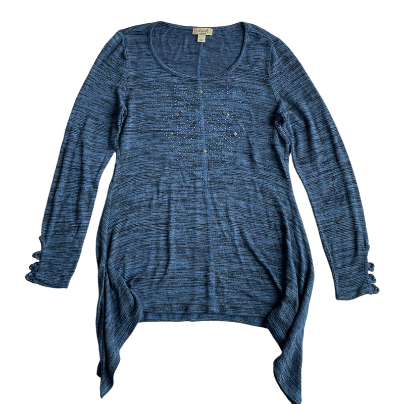 One World Womens Blue Rhinestone Gem Studded Long Sleeve Blouse Shirt