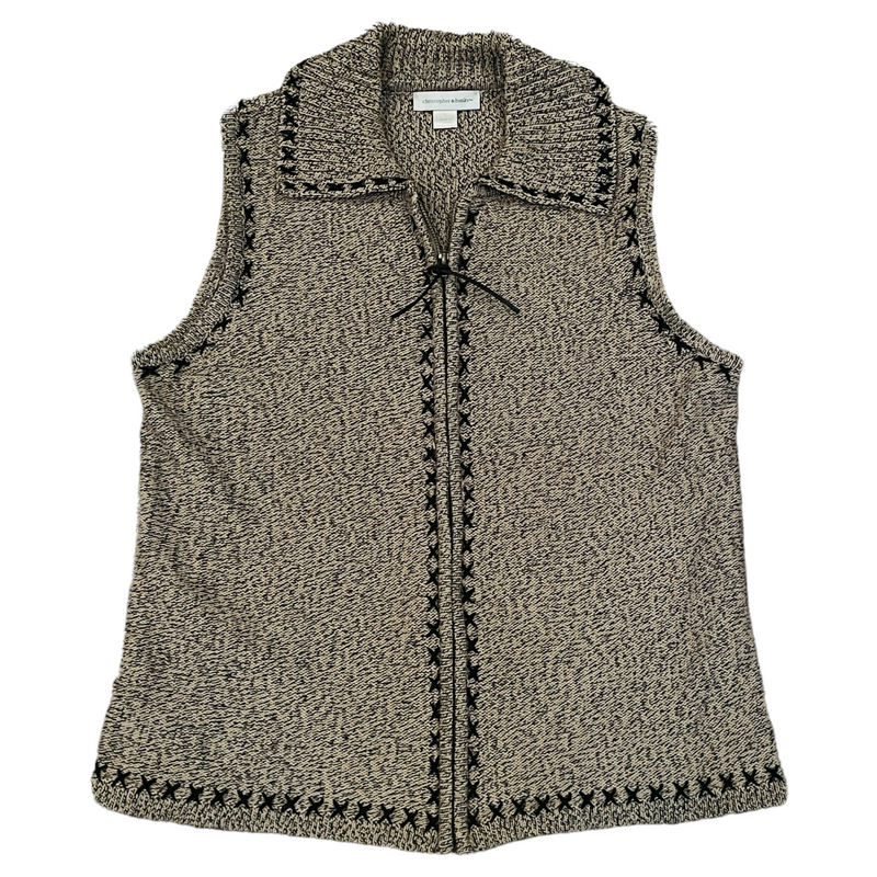 Christopher & Banks Womens Beige Black X Stitch Full Zip Cotton Sweater Vest