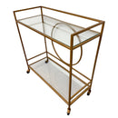 Mid Century Modern Gold Metal Frame & 2 Glass Shelf Bar Cart