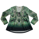 One World Womens Rhinestone V-Neck Green Black Bohemian Boho Blouse Shirt