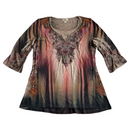 One World Womens Rhinestone Gem Mosaic Floral Flowers Hi Low Tunic Blouse Shirt