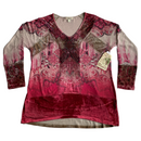 One World Womens Mosaic Red Soft Hi Low Tunic Blouse Long Sleeve Shirt