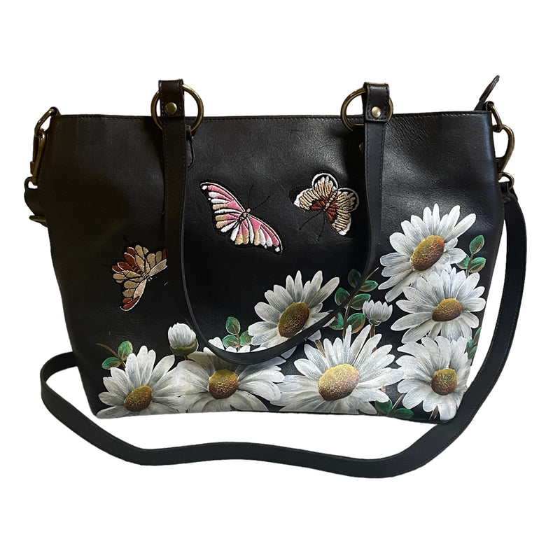 Anuschka Womens Black Leather Butterfly Daisy Flower Purse Crossbody Bag