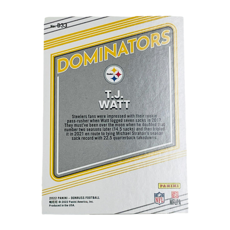 TJ Watt Pittsburgh Steelers 2022 Panini Donruss Dominators Football Card