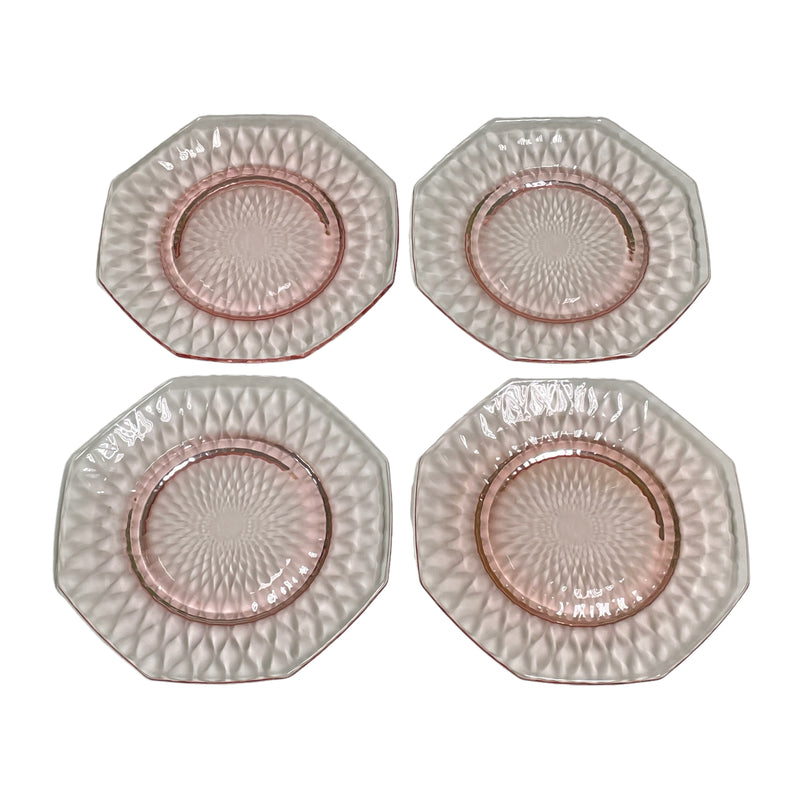 (4) Jeanette Diamond Design Pink Depression Glass Octagon 8 Sided 6" Plates