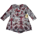 One World Womens Rhinestone Gem Red Floral Flower Gray Tunic Blouse Shirt