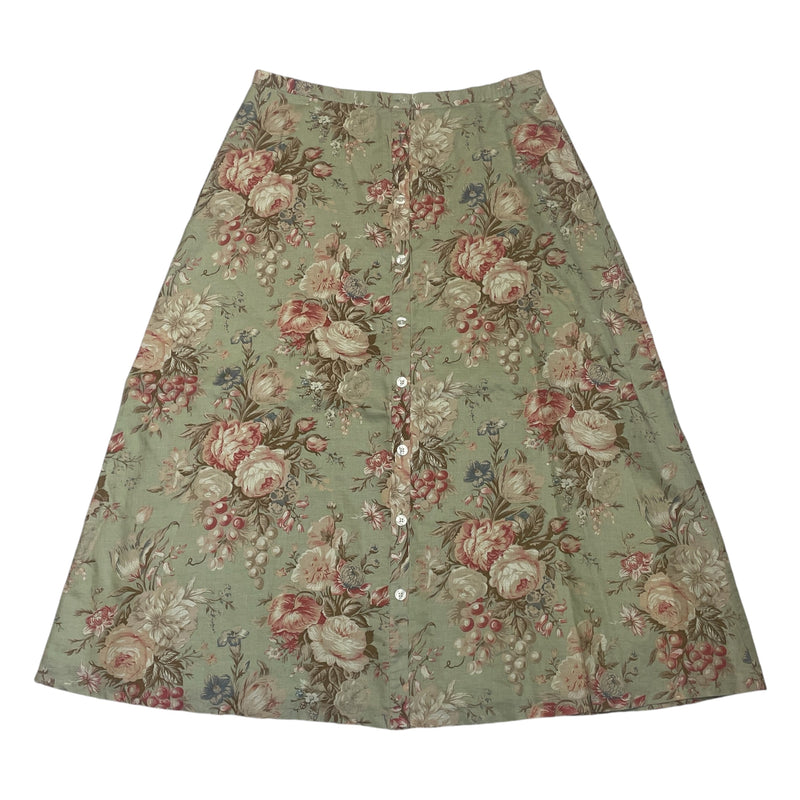 Chaps Linen & Cotton Green Floral Flowers Button Midi Skirt