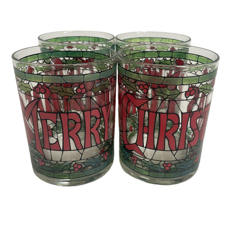 (4) Ceraglass Stained Glass Merry Christmas Double Old Fashion 12 oz Tumblers