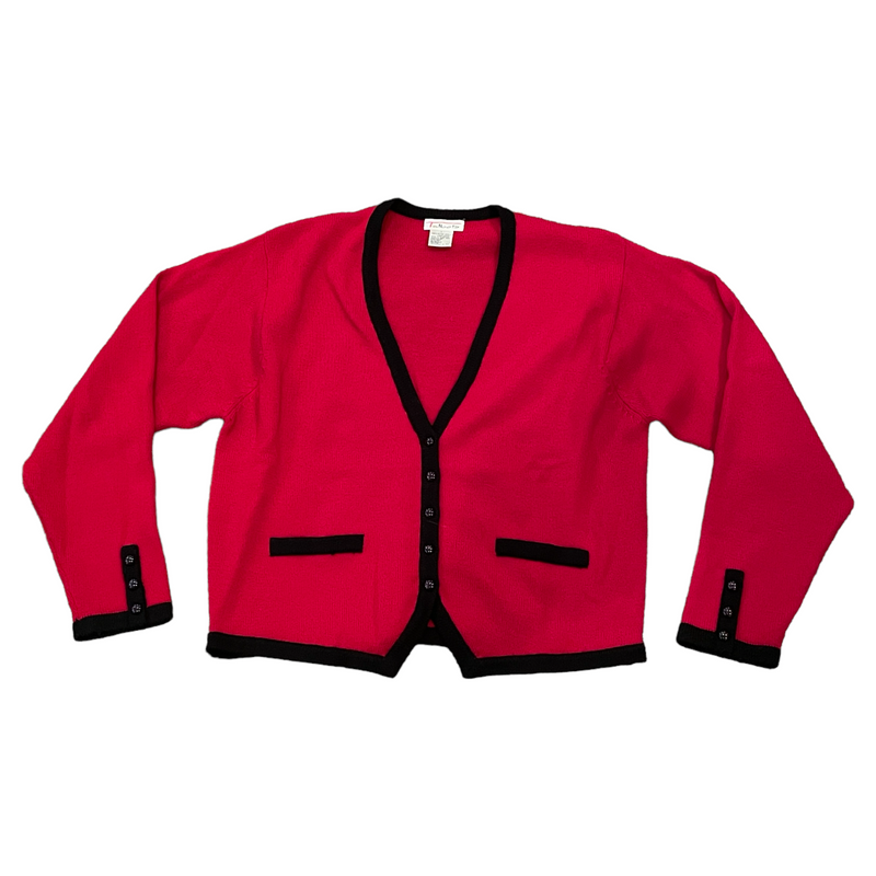 Talbots Womens Red Black V-Neck Button Merino Wool Cardigan Sweater