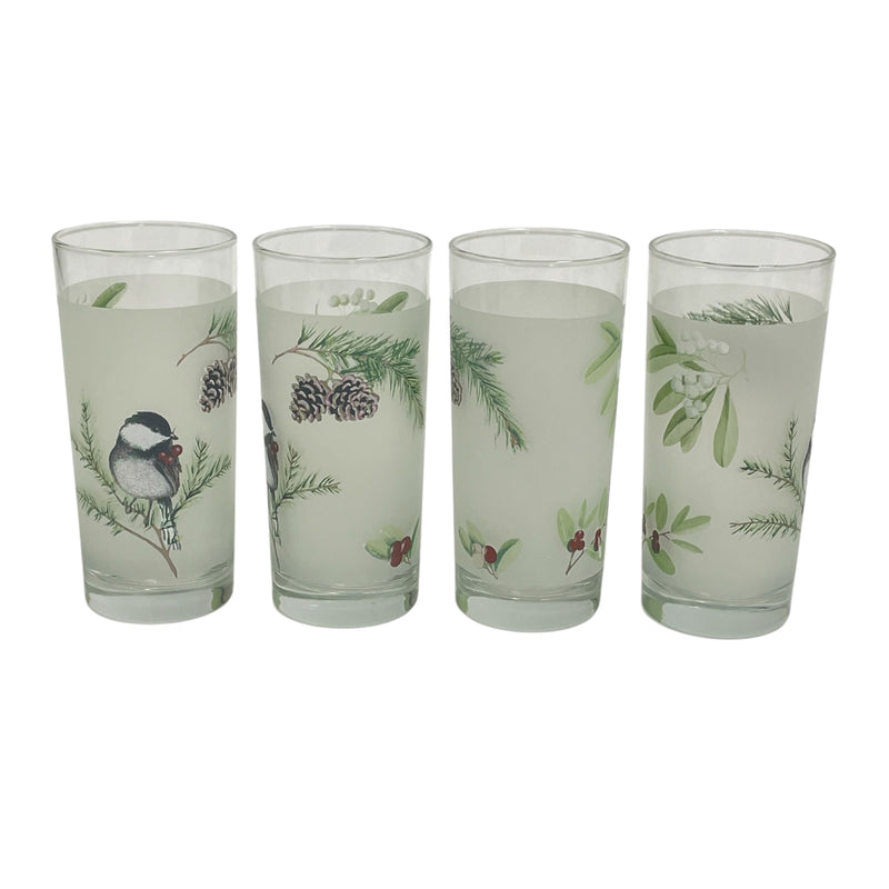 (4) Pfaltzgraff Winterwood Chickadee Bird Pine Berries Glass 16 oz 6-1/4" Tumblers