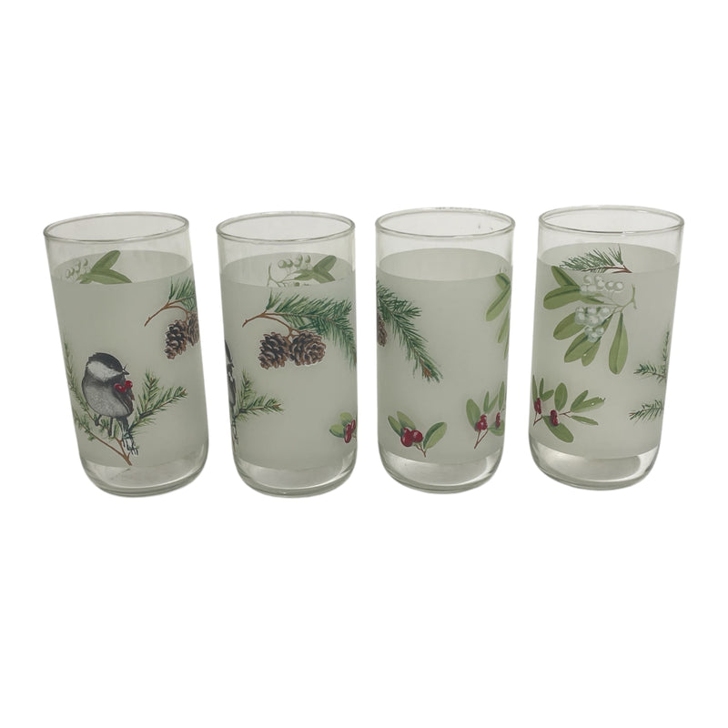 (4) Pfaltzgraff Winterwood Chickadee Bird Pine Berries Glass 16 oz 5-3/4" Tumblers