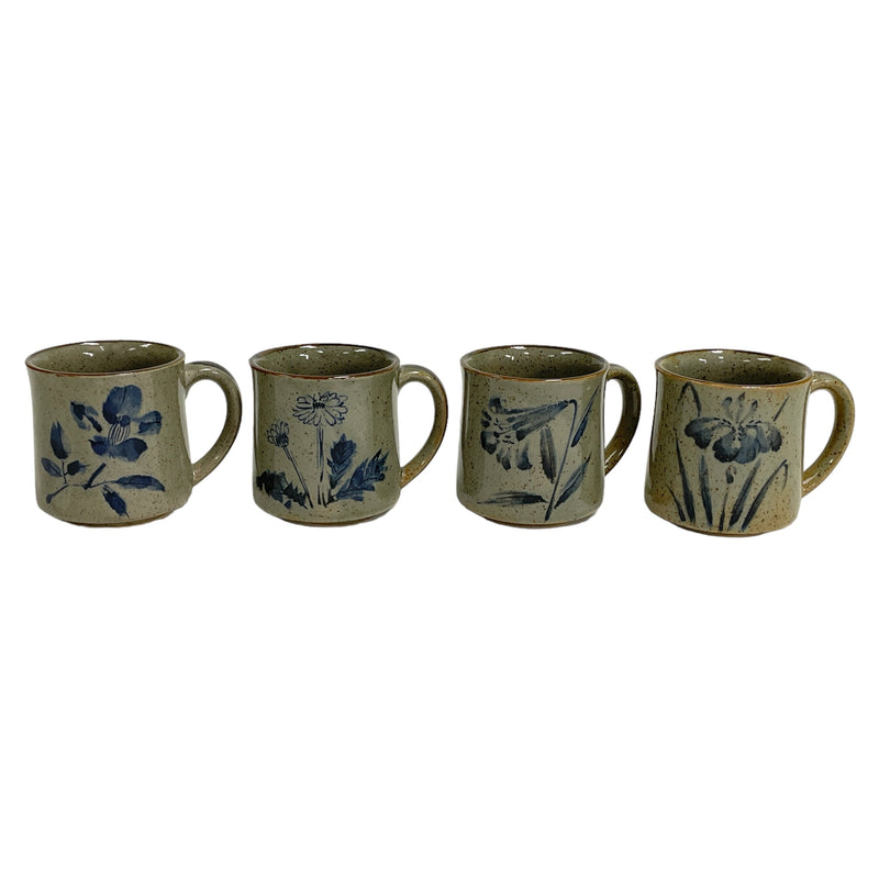 (4) Made In Japan Gray Speckled Blue Floral Flowers Tea Coffee Mug Set