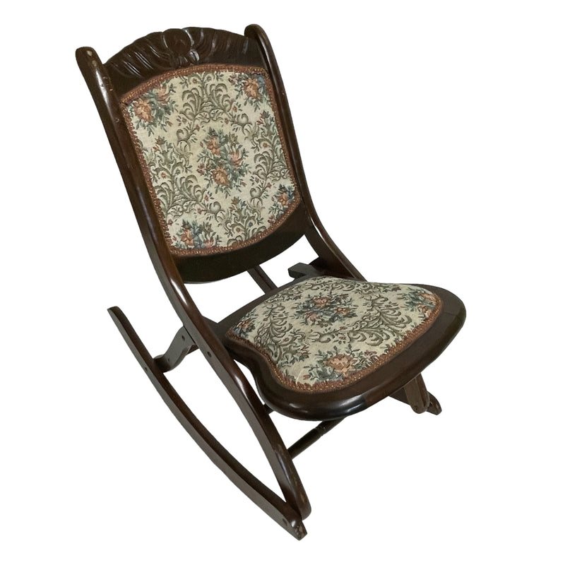 Antique Floral Tapestry Carved Wooden Vintage Folding Rocker Rocking Chair