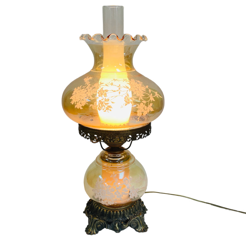 L & L WMC 1971 Gone With The Wind Floral Hurricane Oil Lamp Style Table Lamp