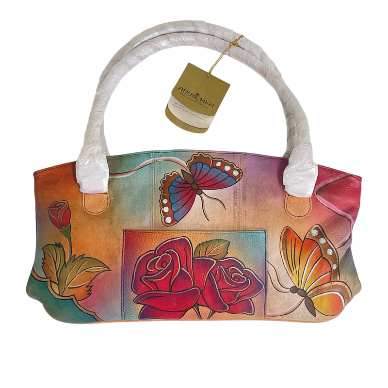 Anuschka Hand Painted Butterfly Flower Rainbow Leather Tote Purse Handbag