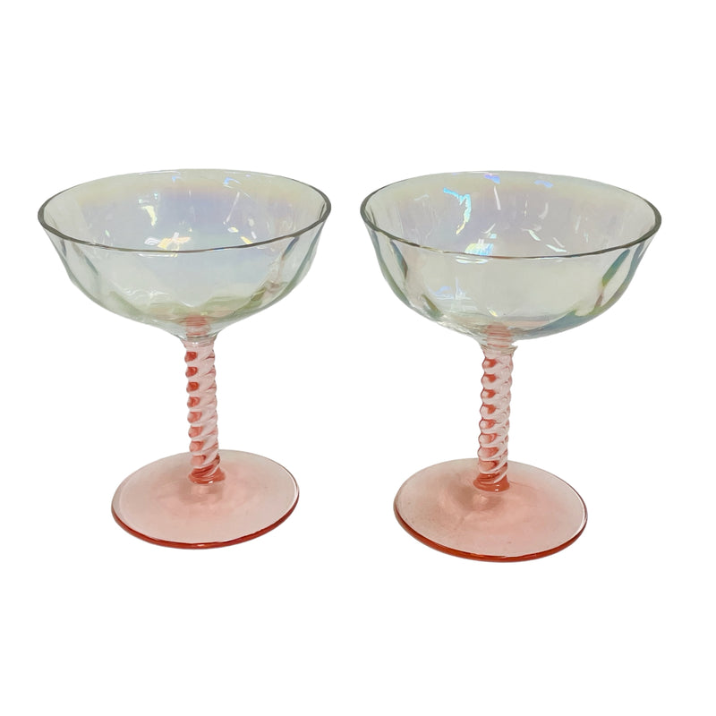 (2) Central Glass Works Twisted Stem Diamond Optic Rainbow Champagne Glasses