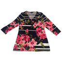 Melissa Paige Navy Blue White Stripe Pink Floral Flowers 3/4 Sleeve Blouse Shirt