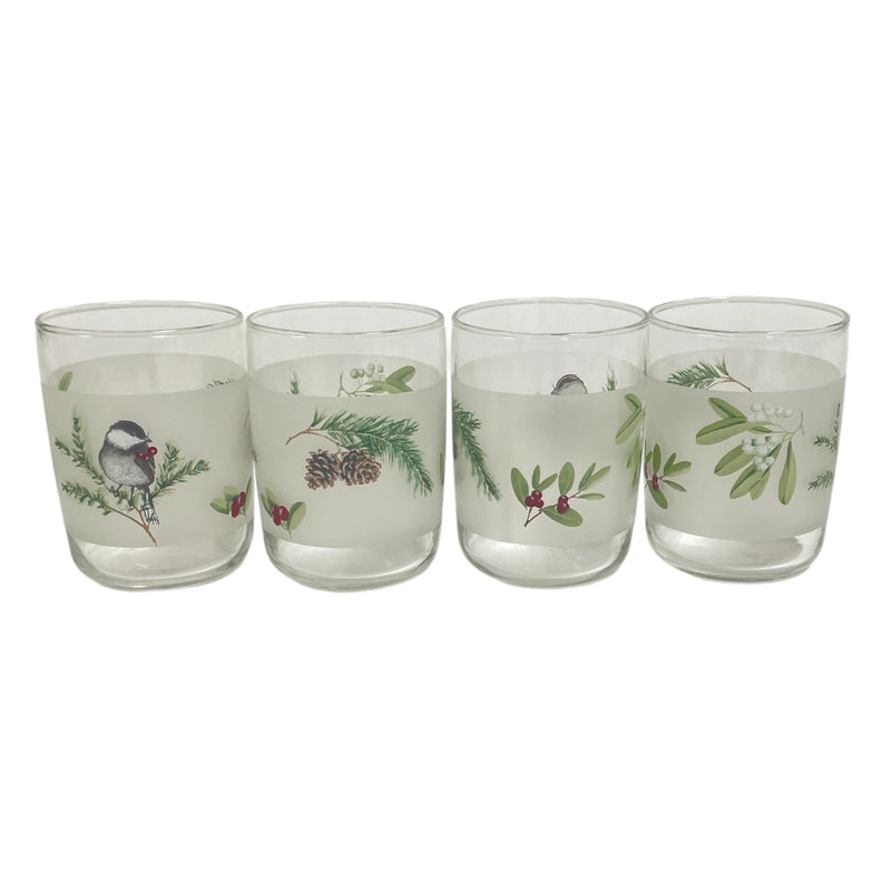 (4) Pfaltzgraff Winterwood Chickadee Bird Pine Berries Glass 8 oz 3-1/2" Tumblers