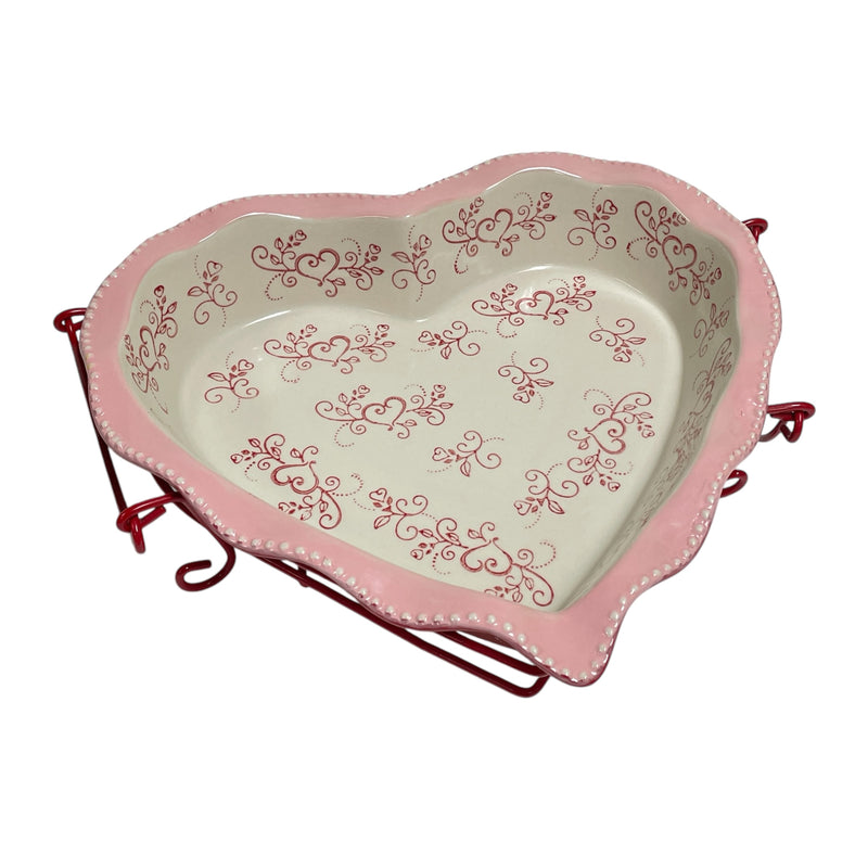 Temp-Tations By Tara Floral Lace 1.75 Qt. Heart Shape Baking Dish w/ Holder