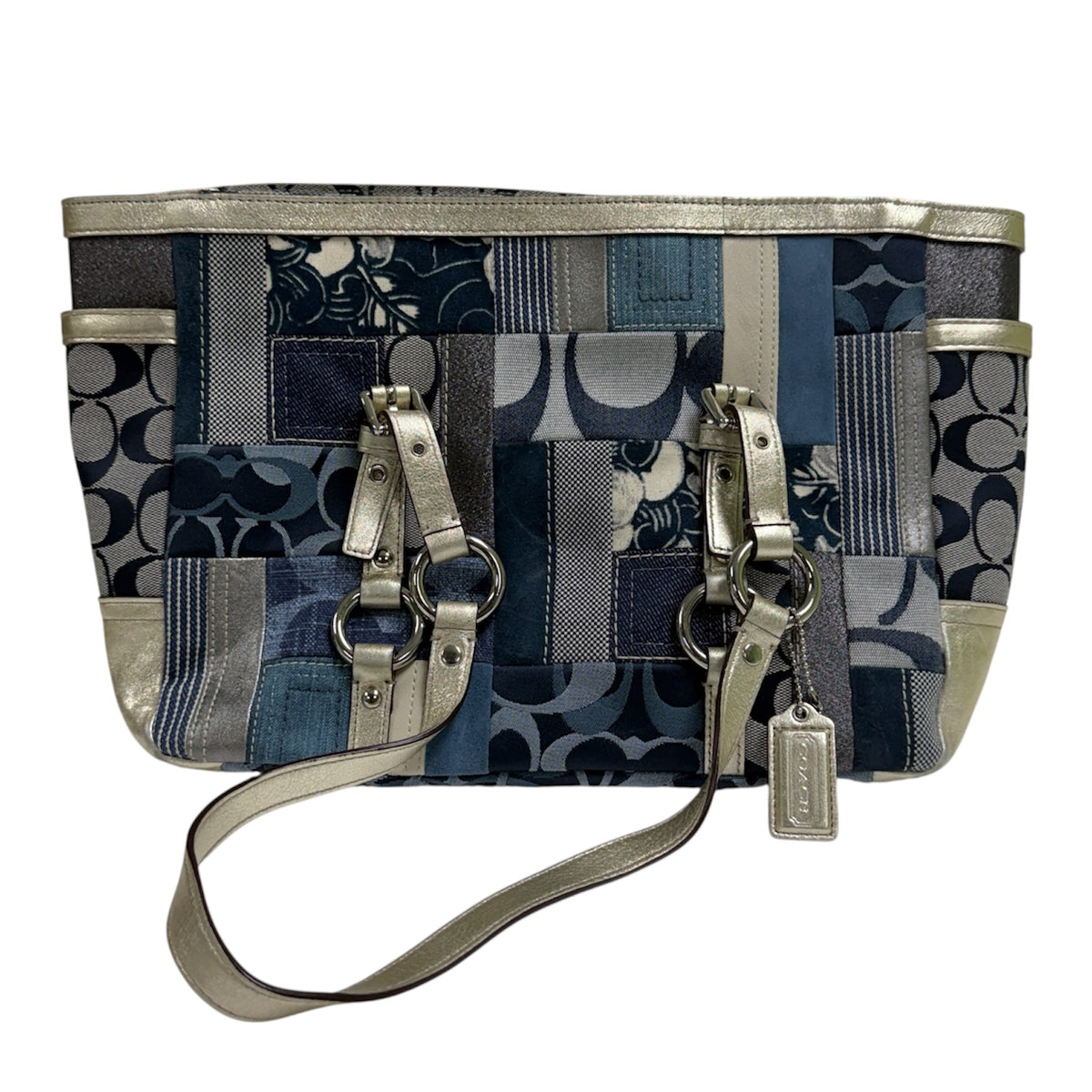 Coach Signature Denim Blue Patchwork Canvas Leather Shoulder Bag F1372