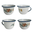 (4) Cinsa Enamelware Enamel Vintage Metal Flower Floral Blue Rim White Tea Cups Coffee Mugs