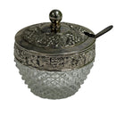Diamond Cut Glass Relish Mustard Salt Bowl w/ Metal Lid & Spoon
