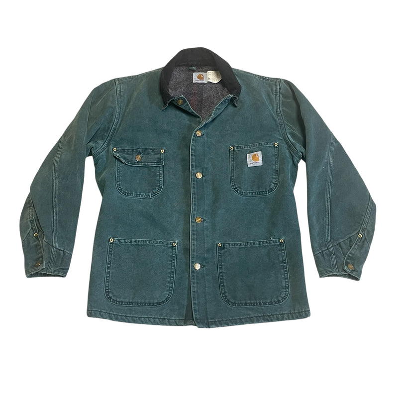 Carhartt Made In USA Blanket Lined Chore Faded Green Denim Trucker Jacket Coat